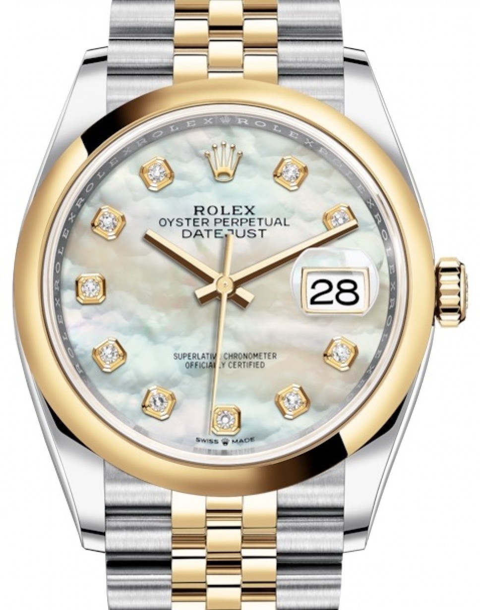 Datejust 36 Yellow Gold/Steel White Mother Pearl Diamond Dial & Smooth Domed Bezel Jubilee Bracelet 126203 - BRAND NEW