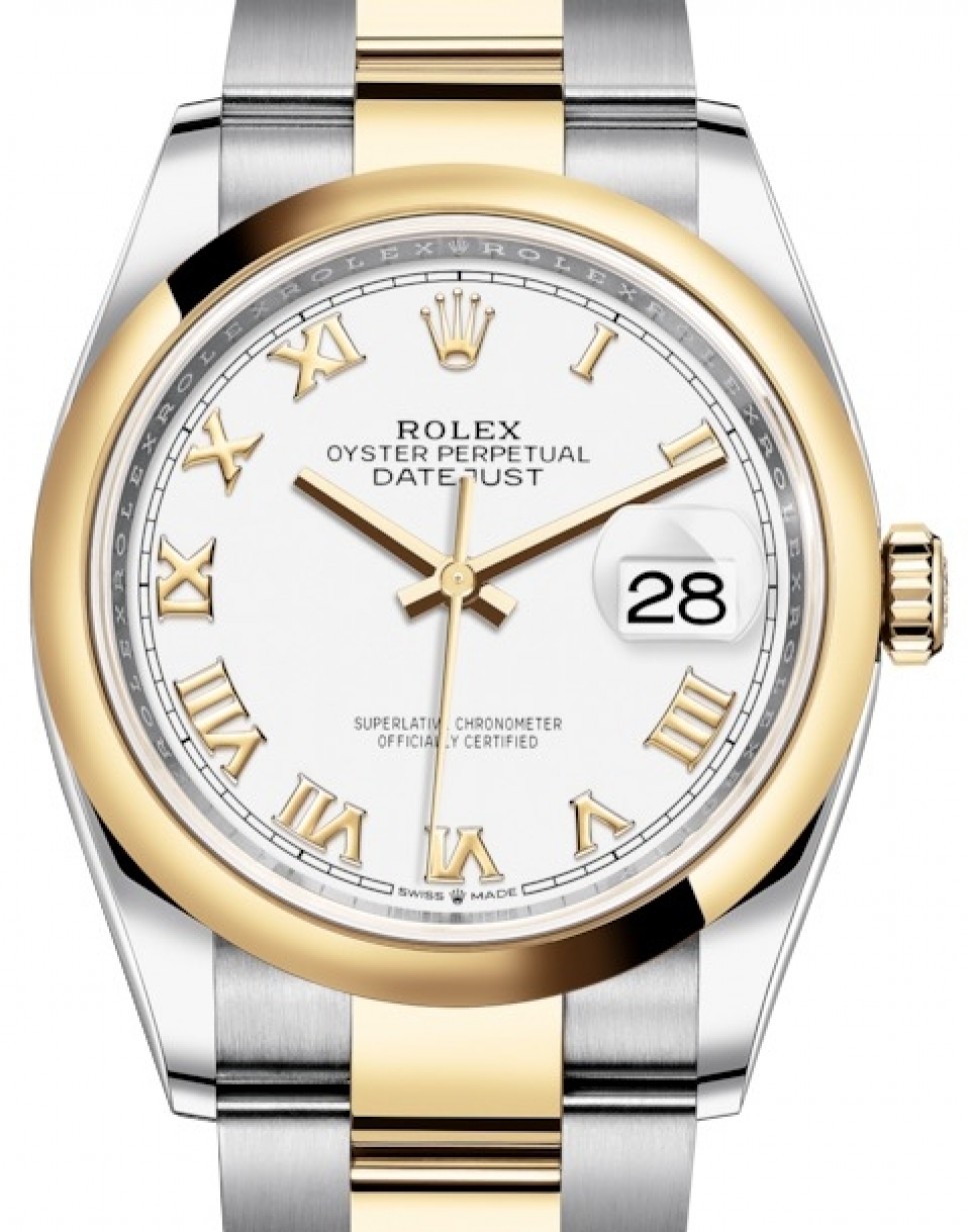 Rolex Datejust 36 Yellow Gold/Steel White Roman Dial & Smooth Domed Bezel  Oyster Bracelet 126203 - BRAND NEW