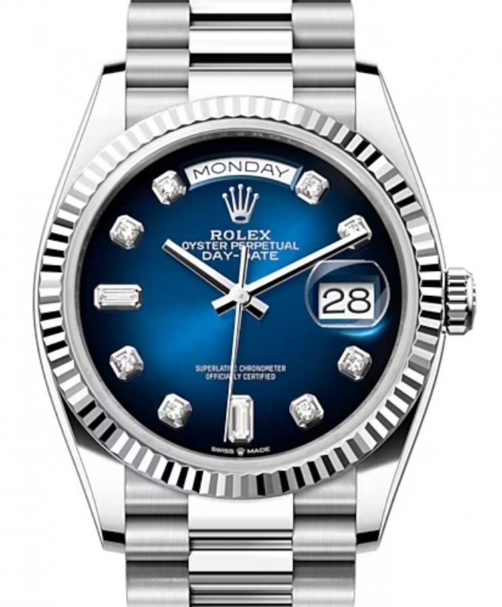 Rolex Day-Date 36 Platinum Blue Ombre Diamond Dial & Fluted Bezel President  Bracelet 128236 - BRAND NEW