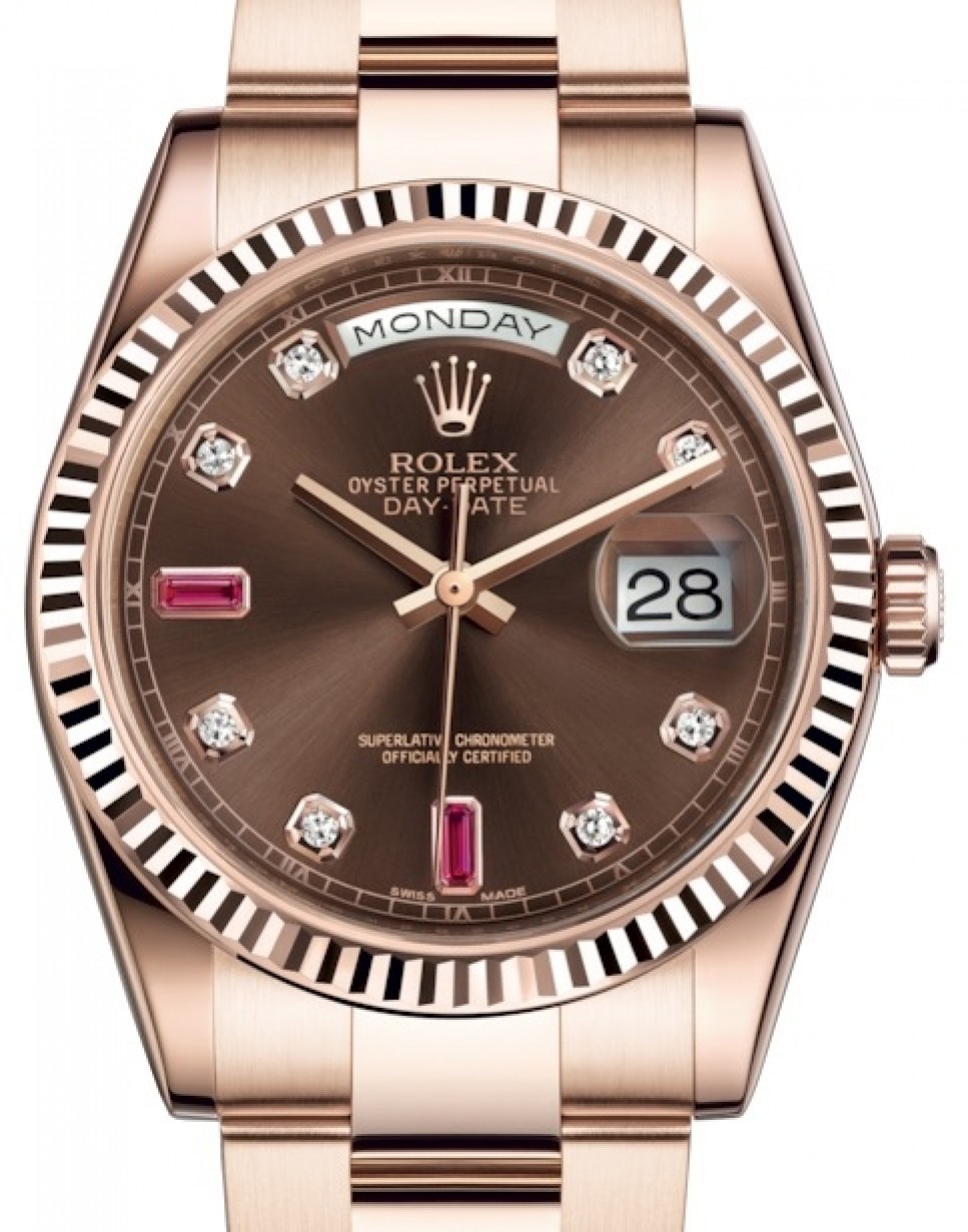 Rolex Day-Date 36 Rose Gold Chocolate Diamond & Rubies Dial & Fluted Bezel  Oyster Bracelet 118235 - BRAND NEW