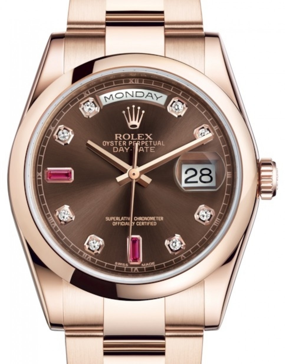 Rolex Day-Date 36 Rose Gold Chocolate Diamond & Rubies Dial & Smooth Domed  Bezel Oyster Bracelet 118205 - BRAND NEW