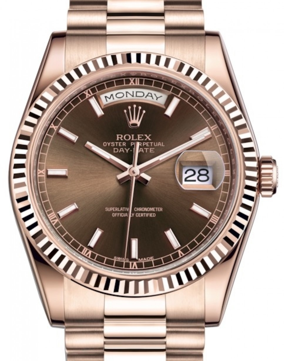 Rolex Day-Date 36 Rose Gold Chocolate Index Dial & Fluted Bezel President  Bracelet 118235 - BRAND NEW