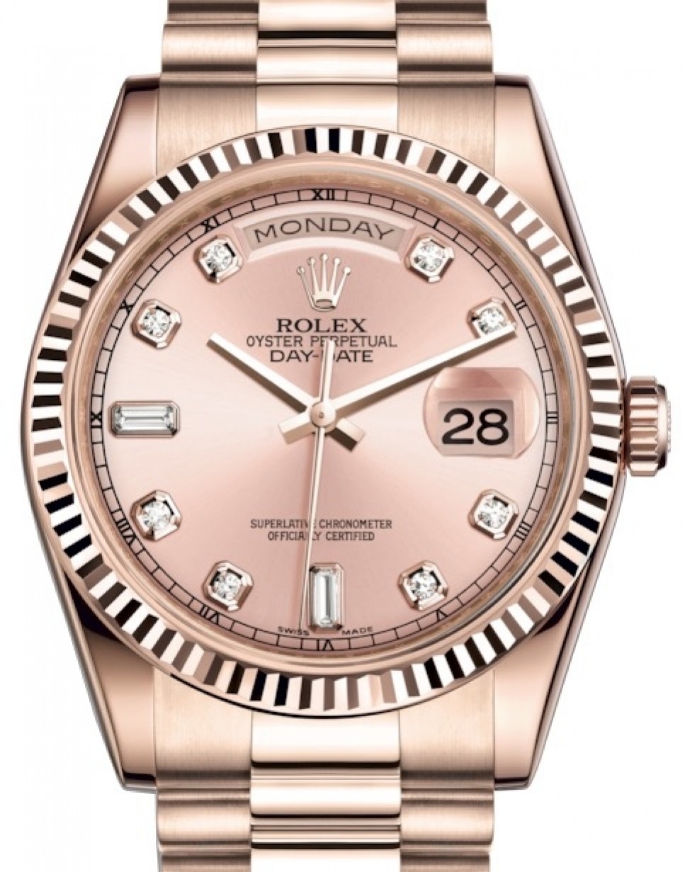 Rolex Day-Date 36 Rose Gold Pink Diamond Dial & Fluted Bezel President  Bracelet 118235 - BRAND NEW