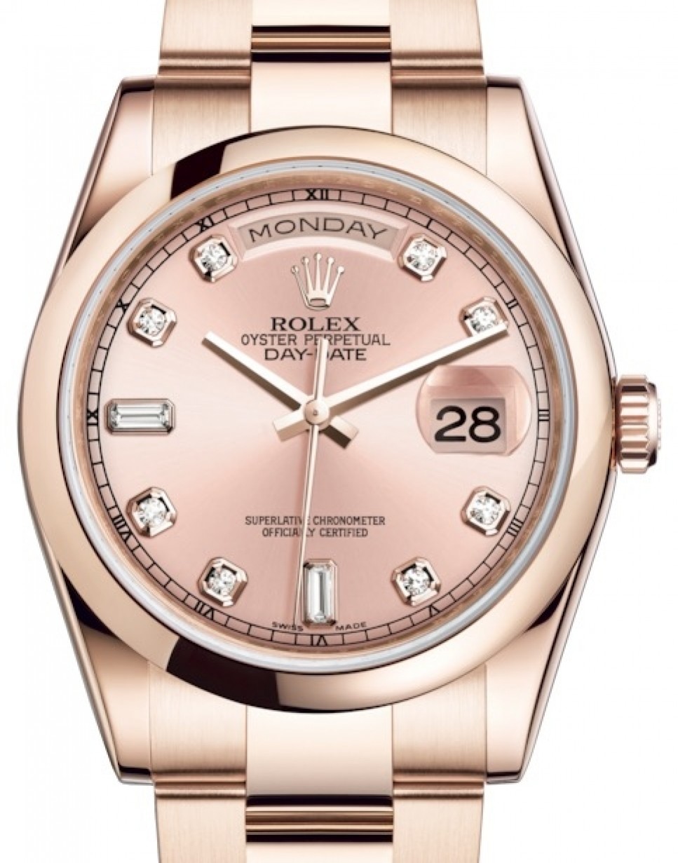 Rolex Day-Date 36 Rose Gold Pink Diamond Dial & Smooth Domed Bezel Oyster  Bracelet 118205 - BRAND NEW