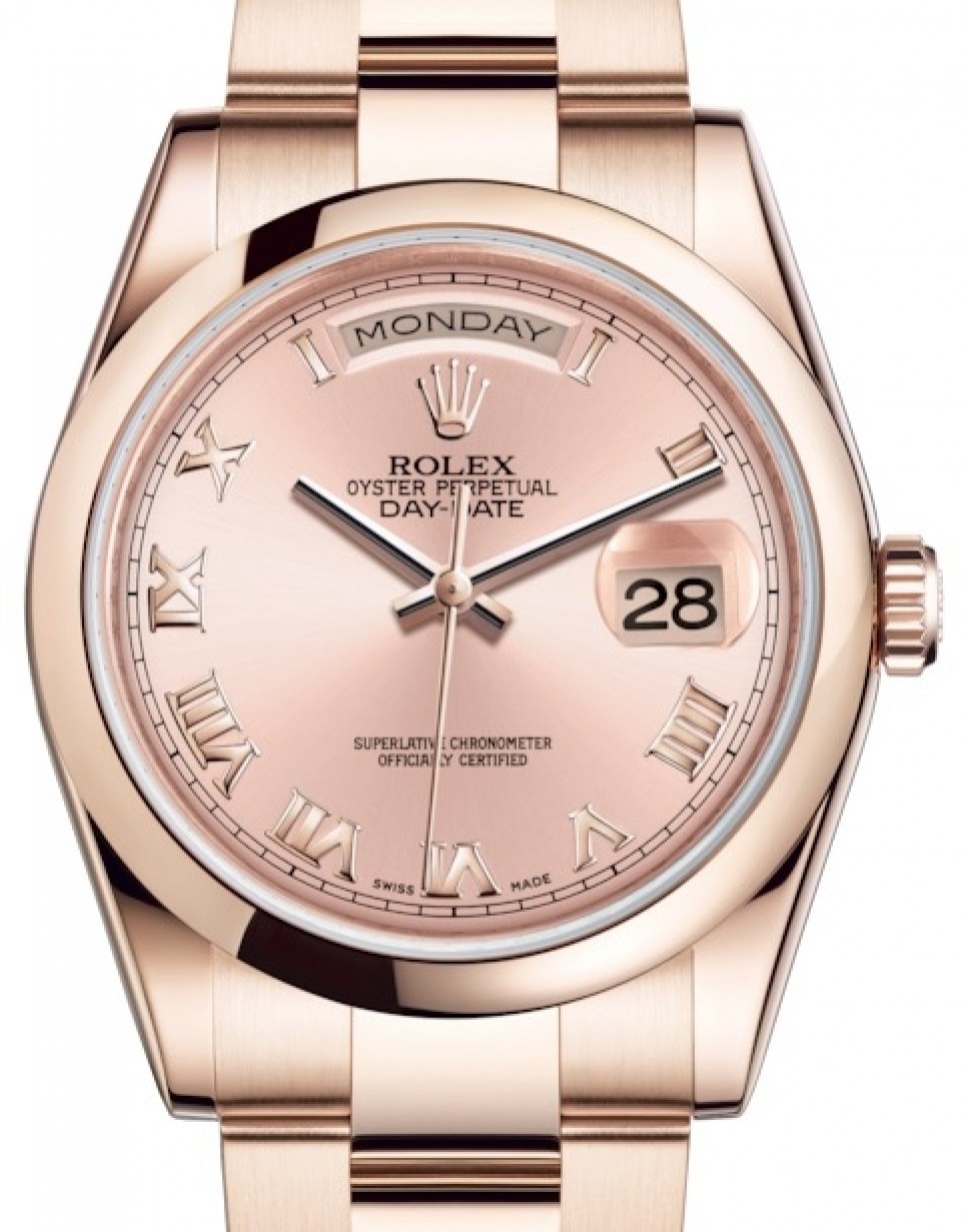 Rolex Day-Date 36 Rose Gold Pink Roman Dial & Smooth Domed Bezel Oyster  Bracelet 118205 - BRAND NEW