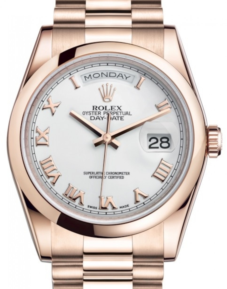 Rolex Day-Date 36 Rose Gold White Roman Dial & Smooth Domed Bezel President  Bracelet 118205 - BRAND NEW