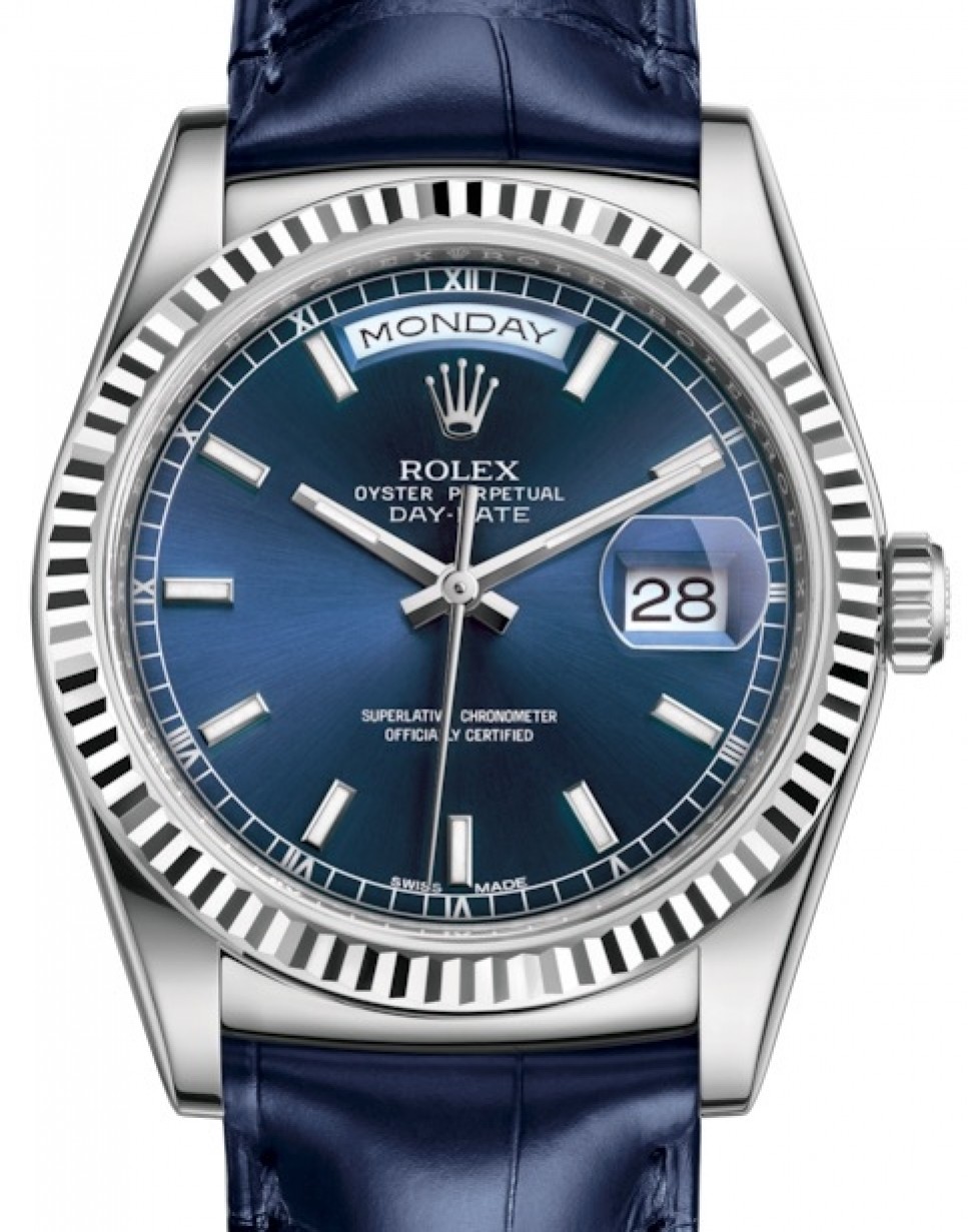 Rolex Day-Date 36 White Gold Blue Index Dial & Fluted Bezel Blue Leather  Strap 118139 - BRAND NEW