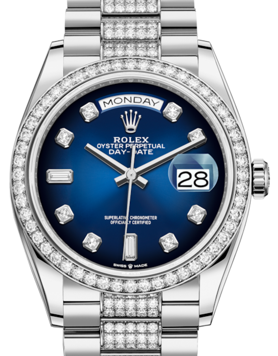 Rolex Day-Date 36 White Gold Blue Ombre Diamond Dial & Diamond Bezel Diamond  Set President Bracelet 128239RBR - BRAND NEW