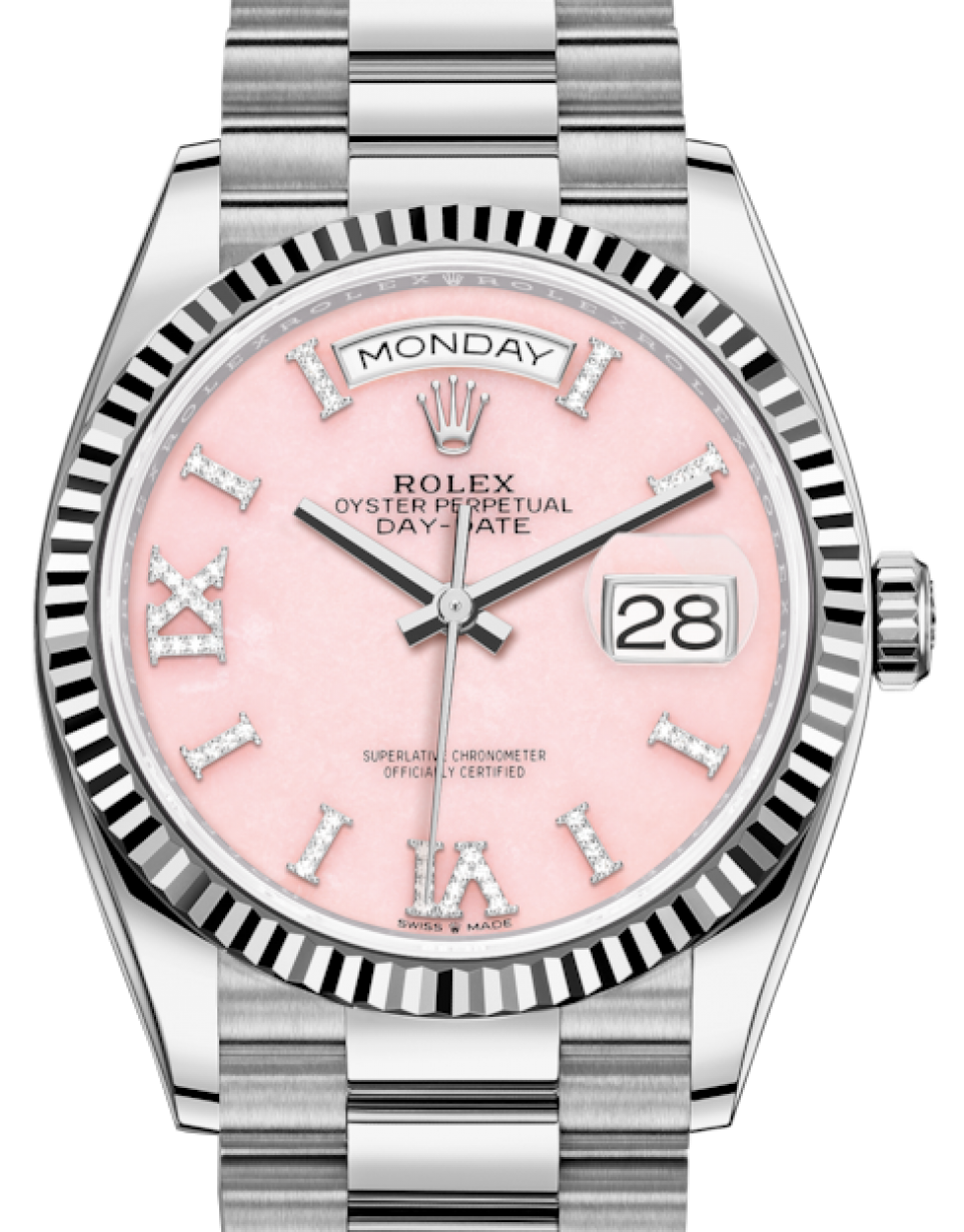 Rolex Day-Date 36 White Gold Pink Opal Diamond Dial & Fluted Bezel President  Bracelet 128239 - BRAND NEW