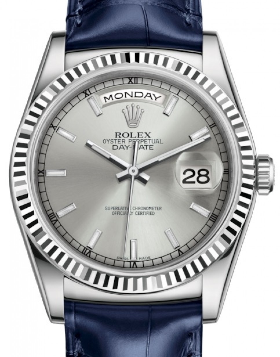 Rolex Day-Date 36 White Gold Silver Index Dial & Fluted Bezel Blue Leather  Strap 118139 - BRAND NEW