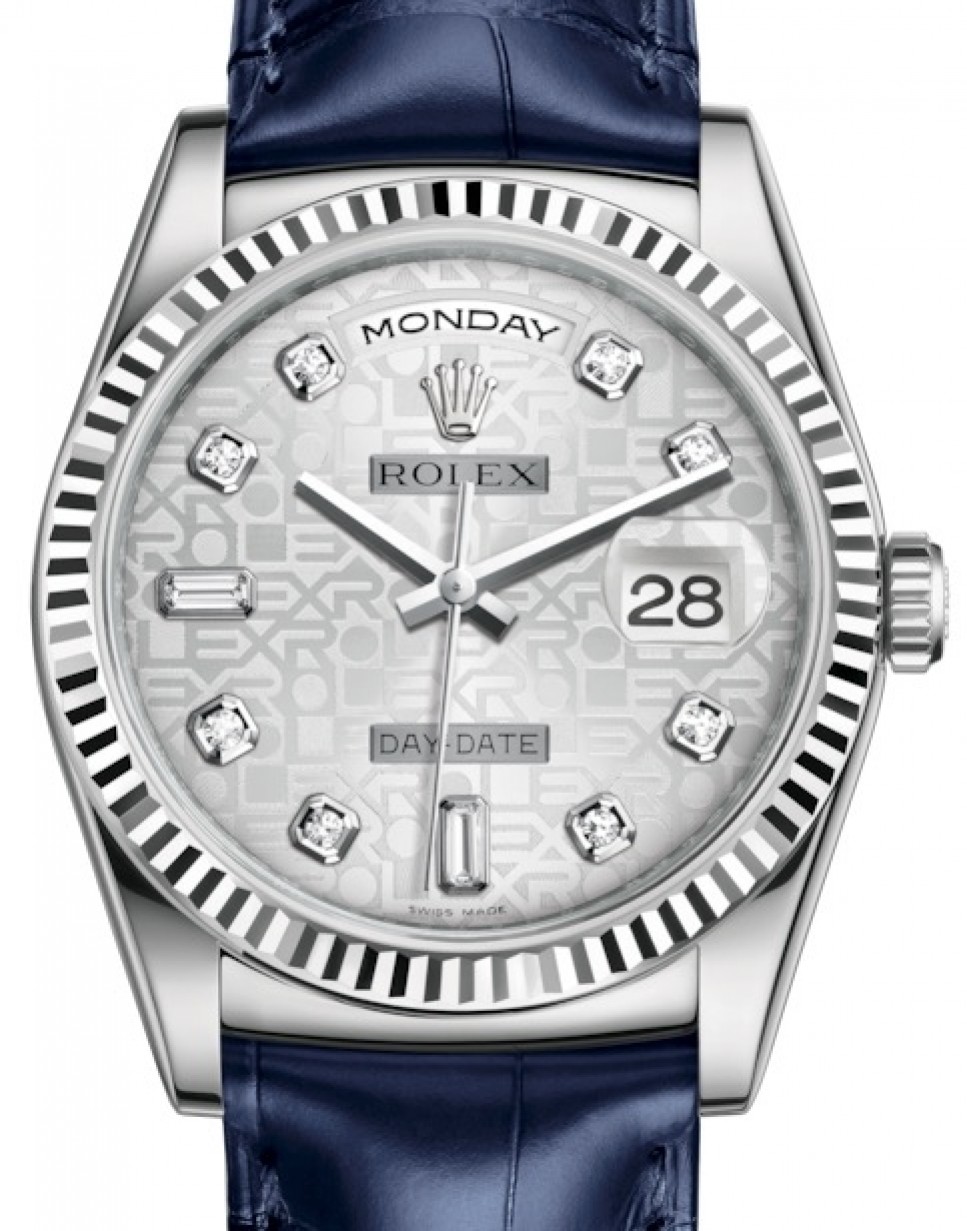 Rolex Day-Date 36 White Gold Silver Jubilee Diamond Dial & Fluted Bezel  Blue Leather Strap 118139 - BRAND NEW