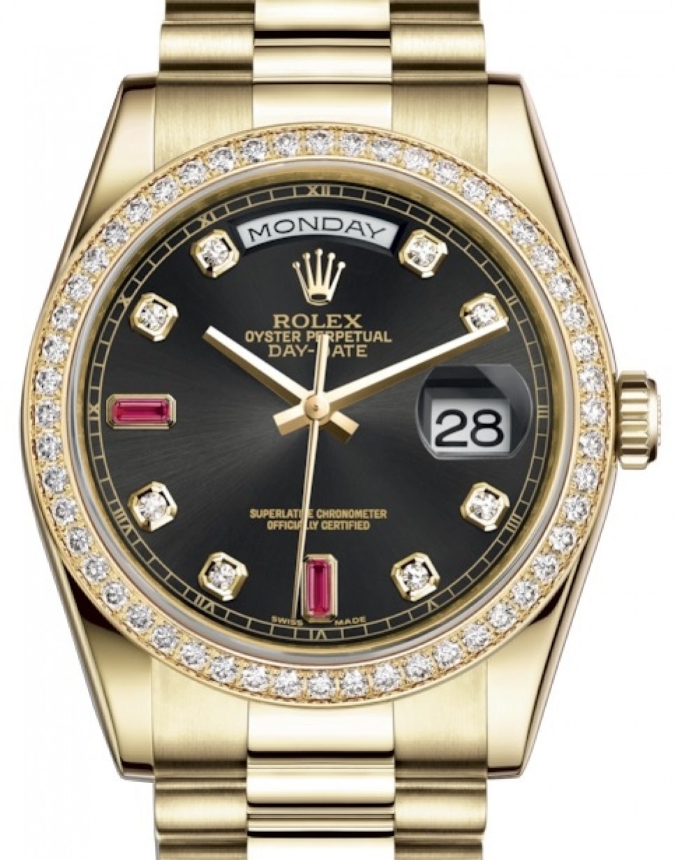 Rolex Day-Date 36 Yellow Gold Black Diamond & Rubies Dial & Diamond Bezel  President Bracelet 118348 - BRAND NEW