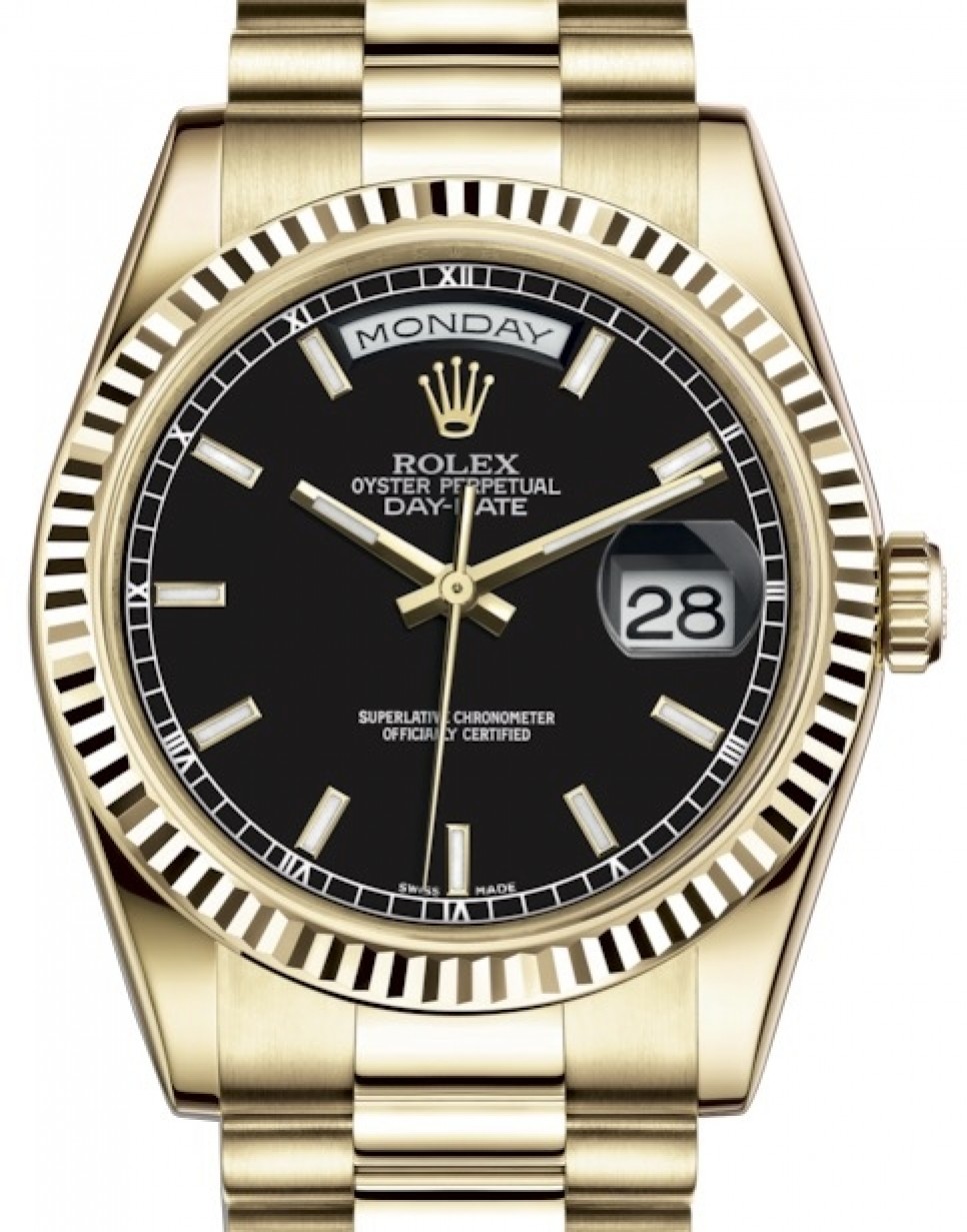 Rolex Day-Date 36 Yellow Gold Black Index Dial & Fluted Bezel President  Bracelet 118238 - BRAND NEW