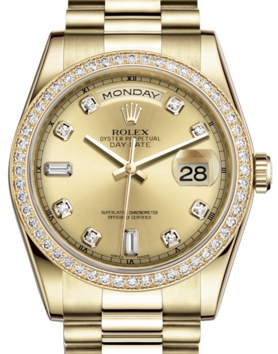 Rolex Day-Date 36 Yellow Gold Champagne Diamond Dial & Diamond Bezel  President Bracelet 118348 - BRAND NEW