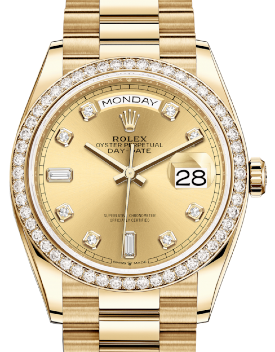 Rolex Day-Date 36 Yellow Gold Champagne Diamond Dial & Diamond Bezel  President Bracelet 128348RBR - BRAND NEW