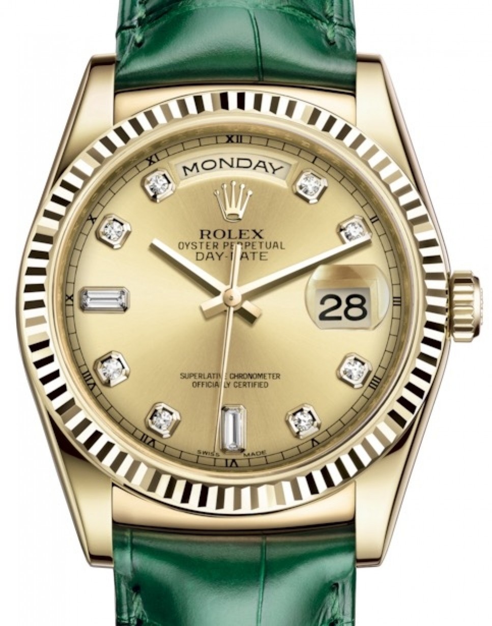 Rolex Day-Date 36 Yellow Gold Champagne Diamond Dial & Fluted Bezel Green  Leather Strap 118138 - BRAND NEW