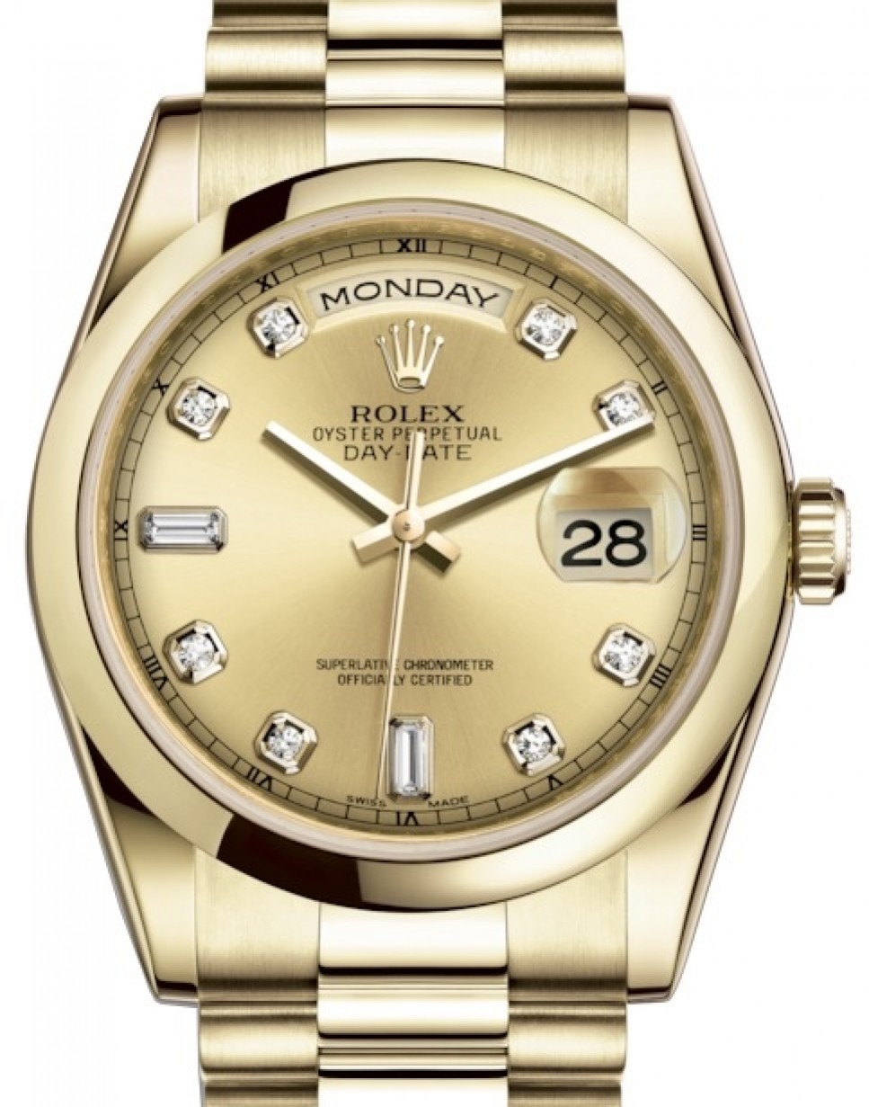 Rolex Day-Date 36 Yellow Gold Champagne Diamond Dial & Smooth Domed Bezel  President Bracelet 118208 - BRAND NEW