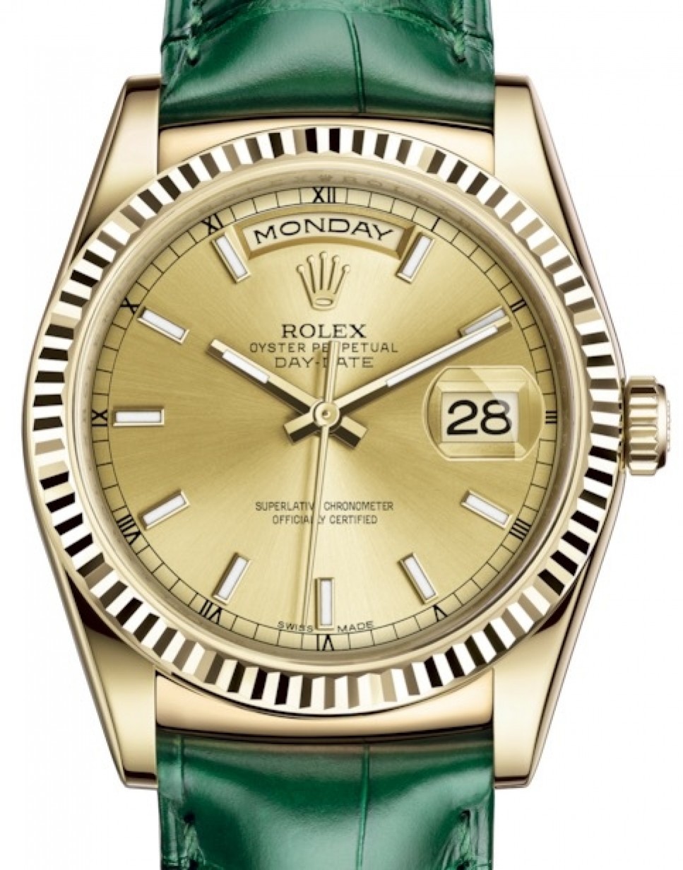 Rolex Day-Date 36 Yellow Gold Champagne Index Dial & Fluted Bezel Green  Leather Strap 118138 - BRAND NEW