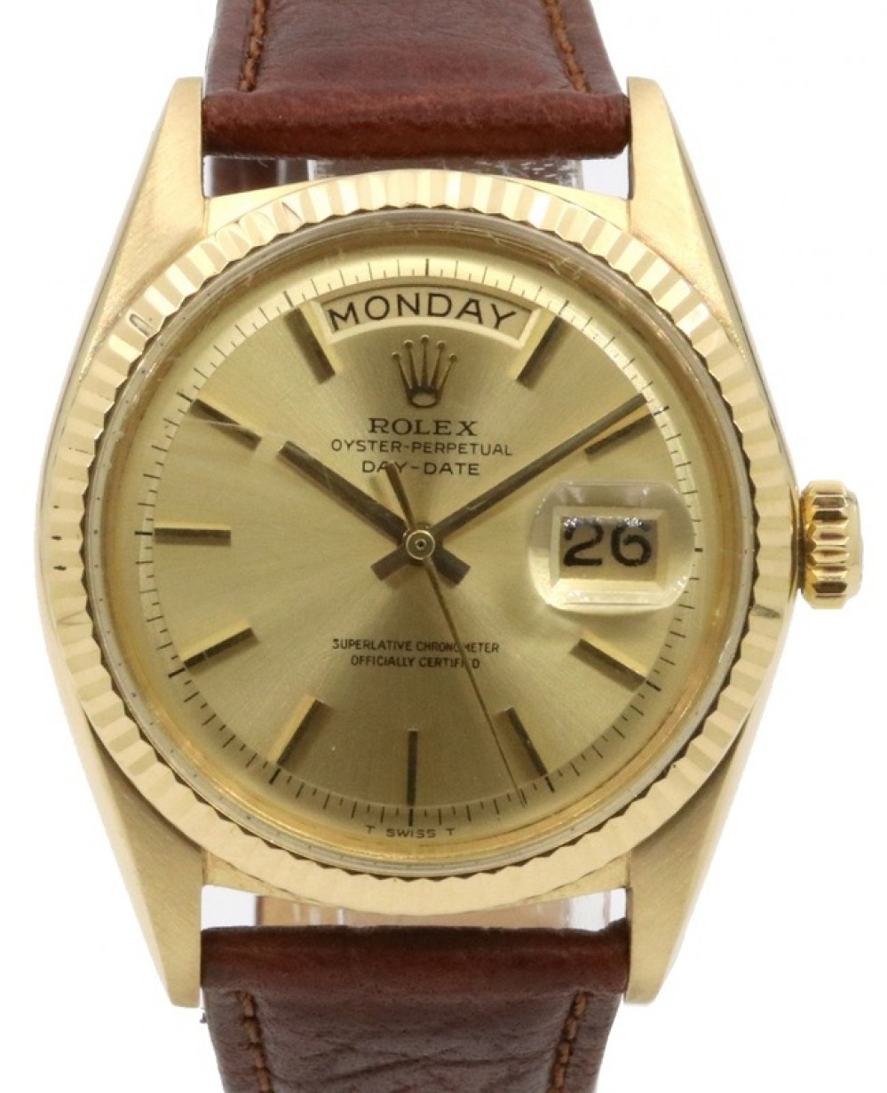 Rolex Day-Date 36 Yellow Gold Champagne Index Dial & Fluted Bezel Leather  Strap 1807 - PRE-OWNED