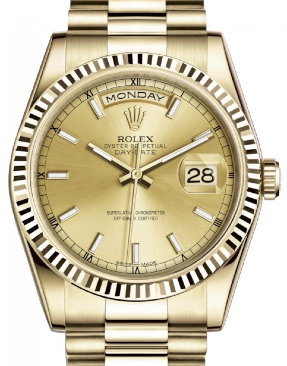 Rolex Day-Date 36 Yellow Gold Champagne Index Dial & Fluted Bezel President  Bracelet 118238 - BRAND NEW