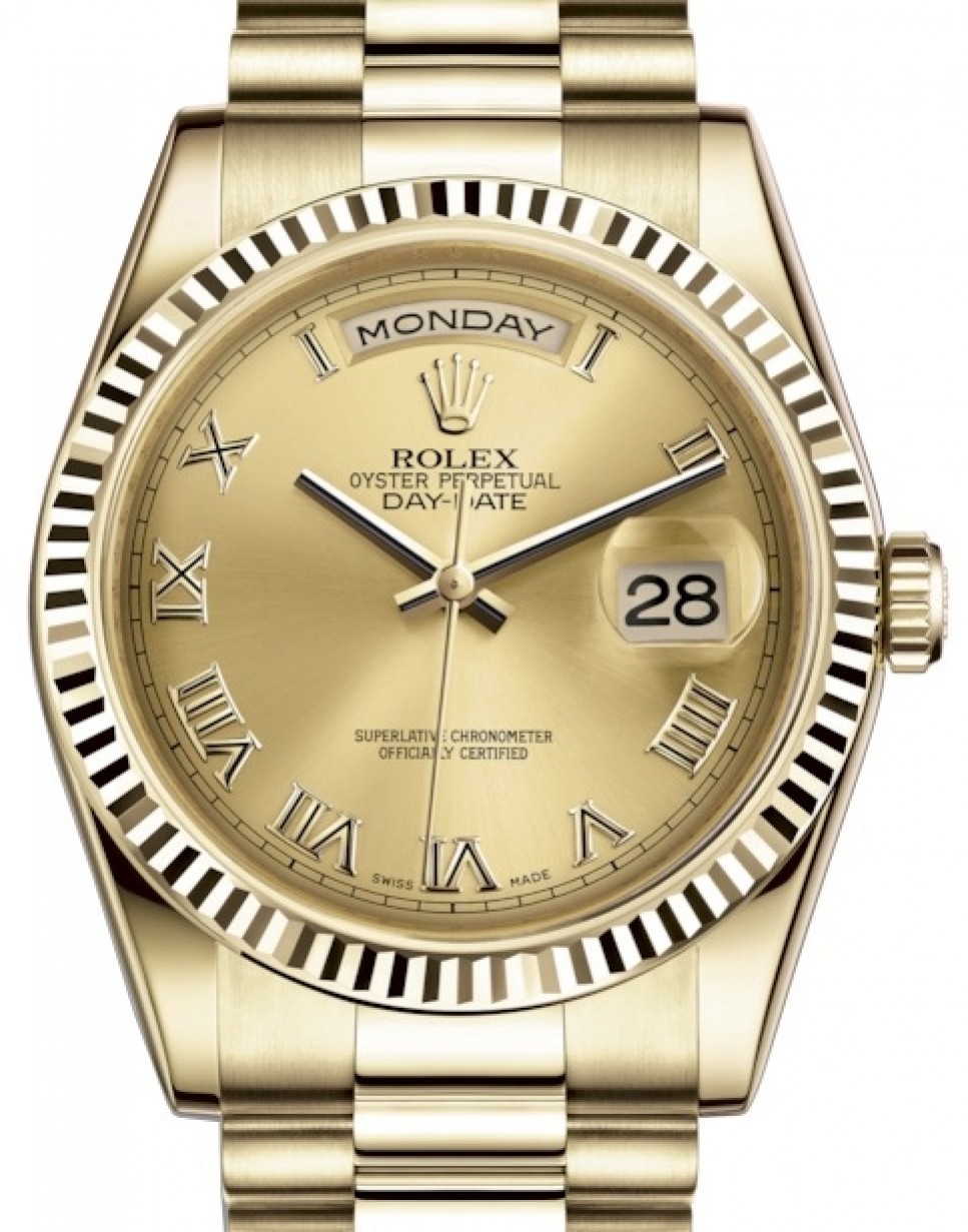 Rolex Day-Date 36 Yellow Gold Champagne Roman Dial & Fluted Bezel President  Bracelet 118238 - BRAND NEW