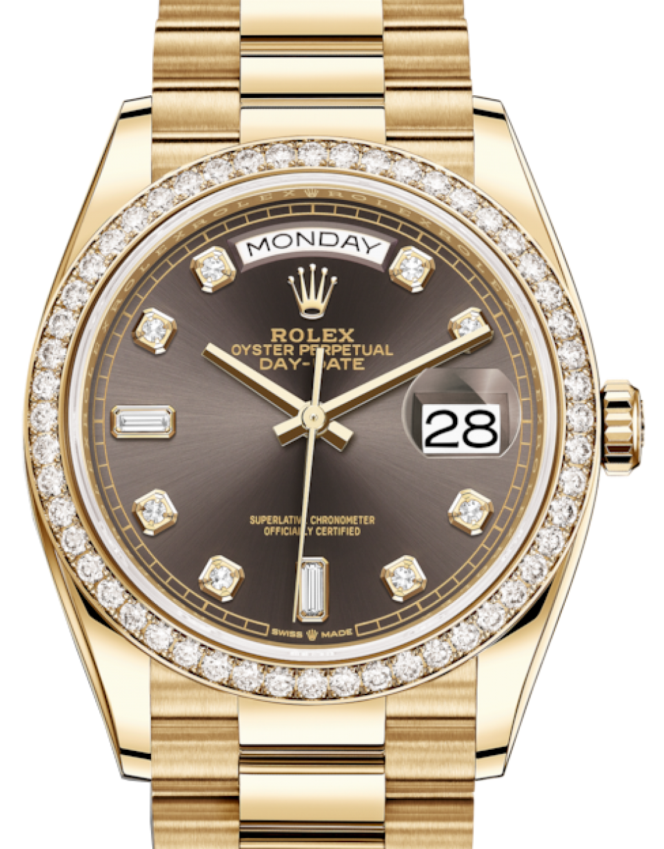 Rolex Day-Date 36 Yellow Gold Dark Grey Diamond Dial & Diamond Bezel  President Bracelet 128348RBR - BRAND NEW