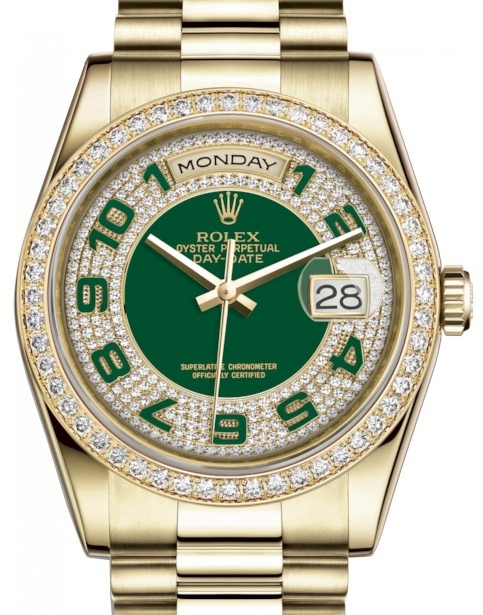 Rolex Day-Date 36 Yellow Gold Green Diamond Paved Arabic Dial & Diamond  Bezel President Bracelet 118348 - BRAND NEW