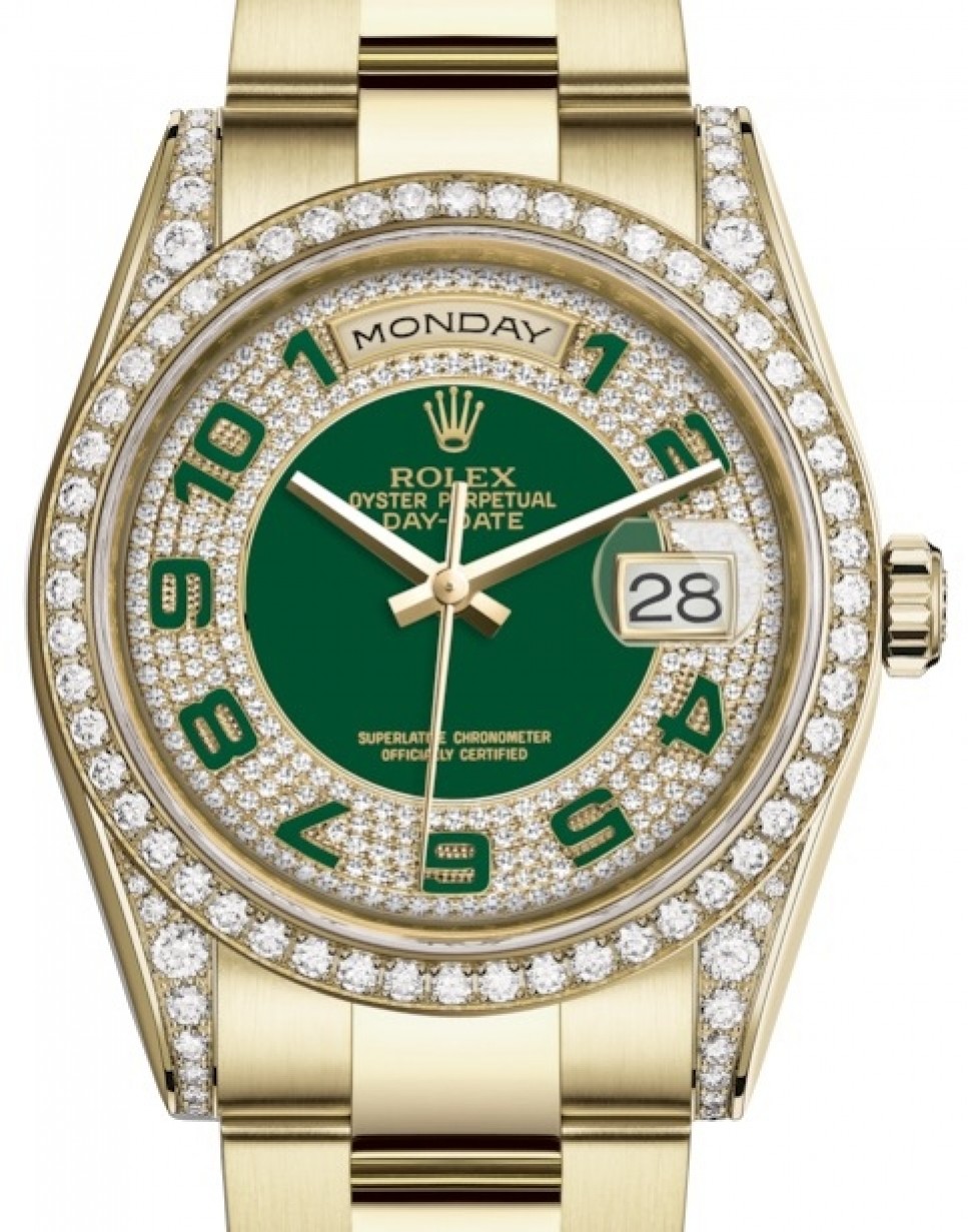 Rolex Day-Date 36 Yellow Gold Green Diamond Paved Arabic Dial & Diamond Set  Case & Bezel Oyster Bracelet 118388 - BRAND NEW