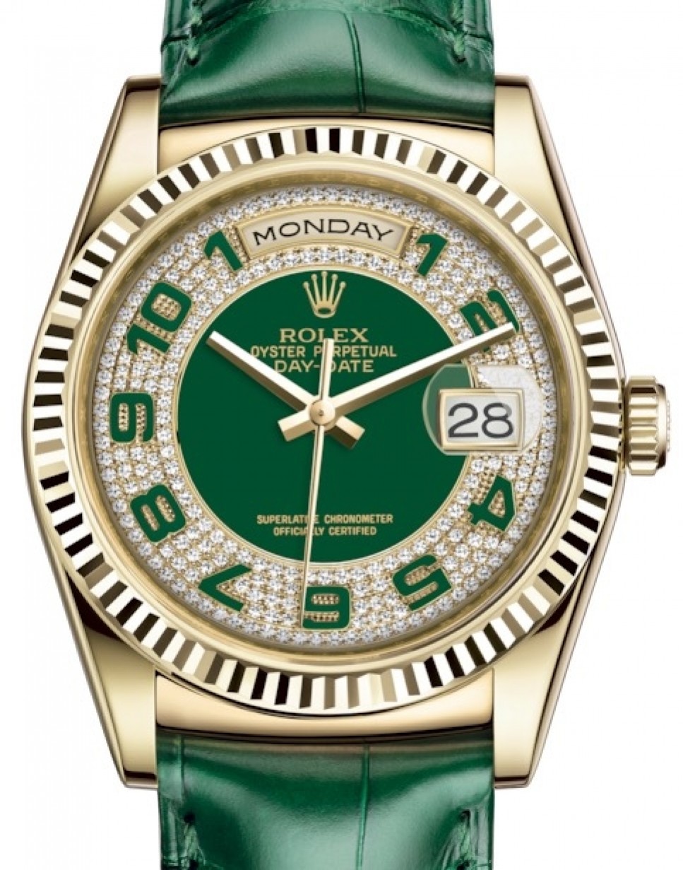 Rolex Day-Date 36 Yellow Gold Green Diamond Paved Arabic Dial & Fluted  Bezel Green Leather Strap 118138 - BRAND NEW