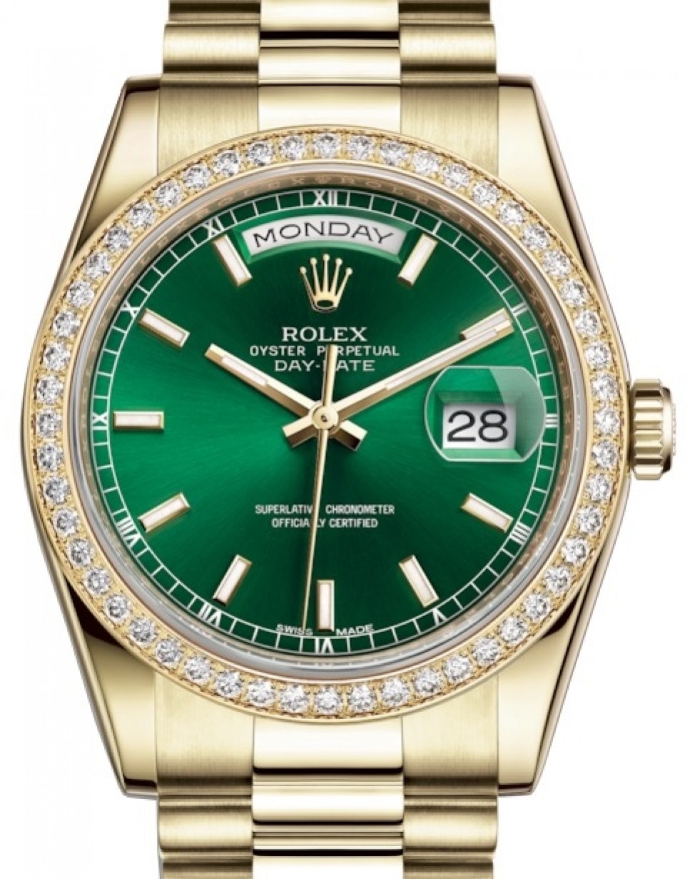 Rolex Day-Date 36 Yellow Gold Green Index Dial & Diamond Bezel President  Bracelet 118348 - BRAND NEW