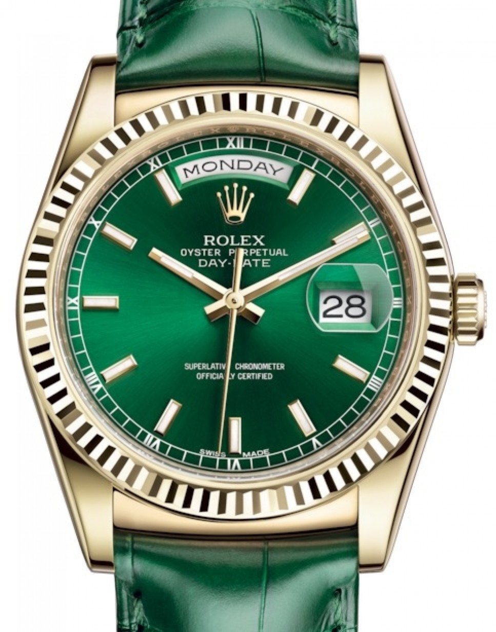 Rolex Day-Date 36 Yellow Gold Green Index Dial & Fluted Bezel Green Leather  Strap 118138 - BRAND NEW