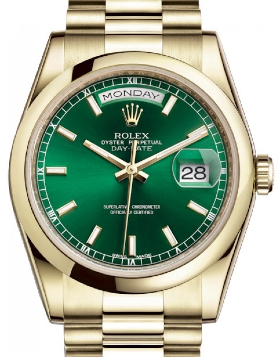 Rolex Day-Date 36 Yellow Gold Green Index Dial & Smooth Domed Bezel  President Bracelet 118208