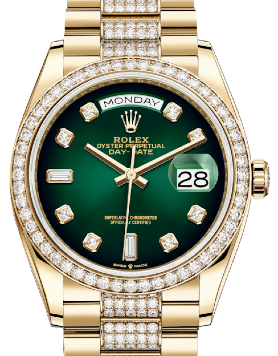 Rolex Day-Date 36 Yellow Gold Green Ombre Diamond Dial & Diamond Bezel  Diamond Set President Bracelet 128348RBR - BRAND NEW