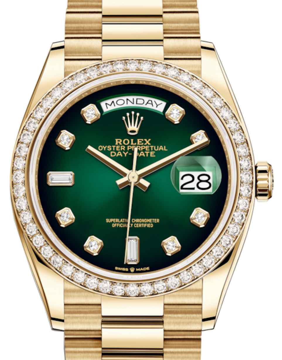Rolex Day-Date 36 Yellow Gold Green Ombre Diamond Dial & Diamond Bezel  President Bracelet 128348RBR - BRAND NEW