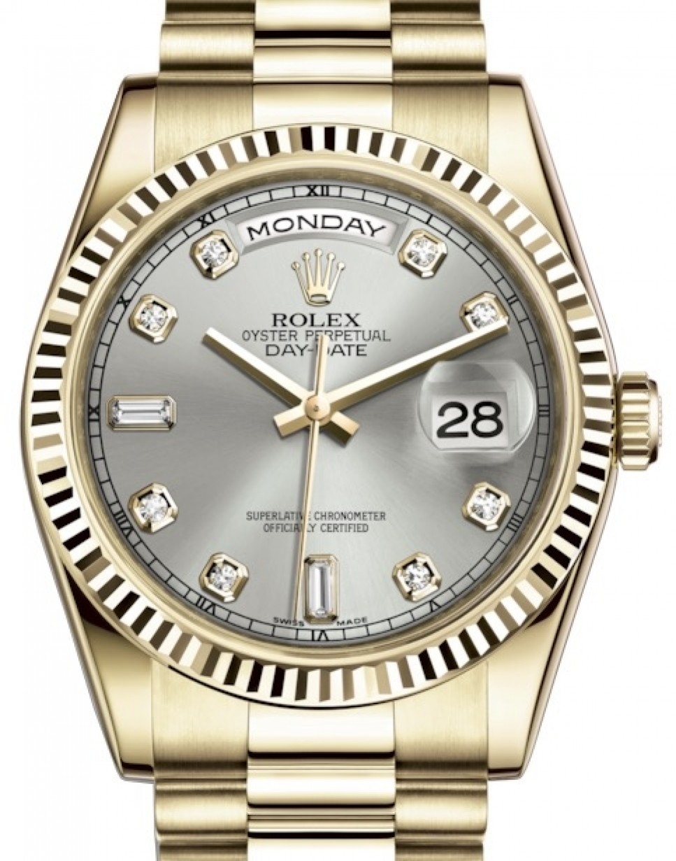 Rolex Day-Date 36 Yellow Gold Silver Diamond Dial & Fluted Bezel President  Bracelet 118238 - BRAND NEW