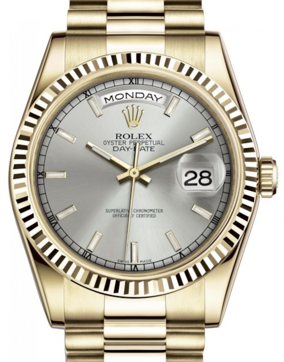 Rolex Day-Date 36 Yellow Gold Silver Index Dial & Fluted Bezel President  Bracelet 118238 - BRAND NEW