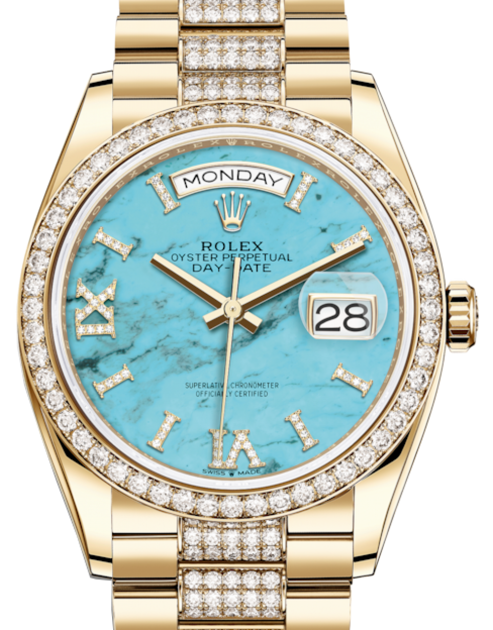 Rolex Day-Date 36 Yellow Gold Turquoise Diamond Dial & Diamond Bezel  Diamond Set President Bracelet 128348RBR - BRAND NEW
