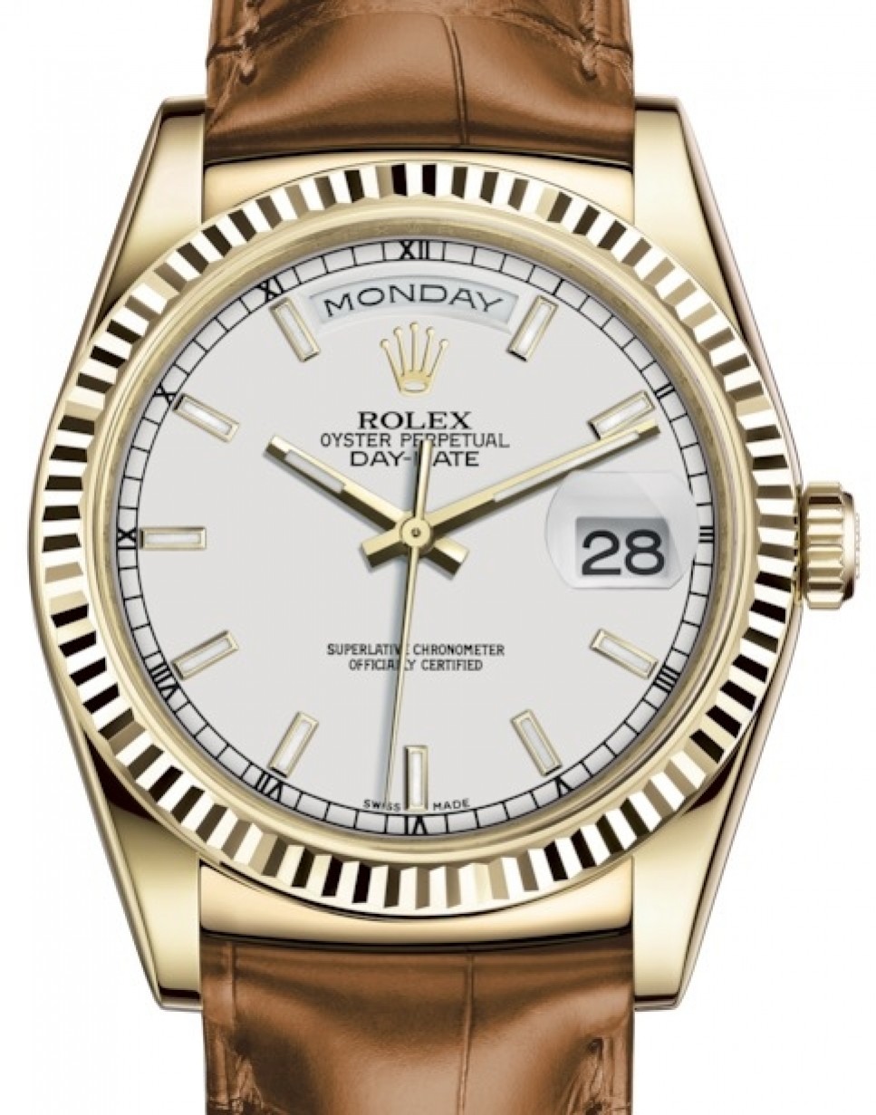 Rolex Day-Date 36 Yellow Gold White Index Dial & Fluted Bezel Cognac Leather  Strap 118138 - BRAND NEW