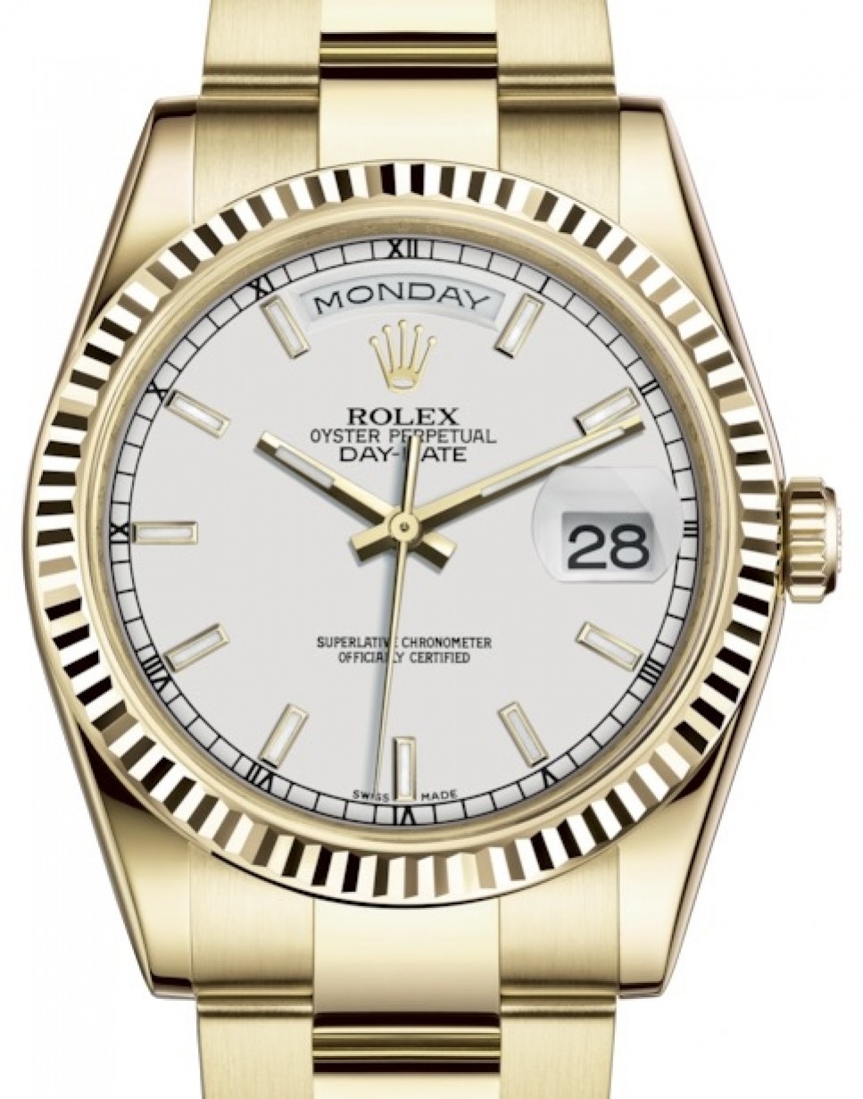 Rolex Day-Date 36 Yellow Gold White Index Dial & Fluted Bezel Oyster  Bracelet 118238 - BRAND NEW