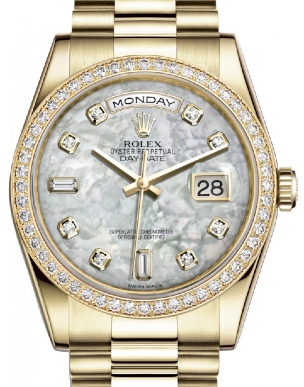 Rolex Day-Date 36 Yellow Gold White Mother of Pearl Diamond Dial & Diamond  Bezel President Bracelet 118348 - BRAND NEW