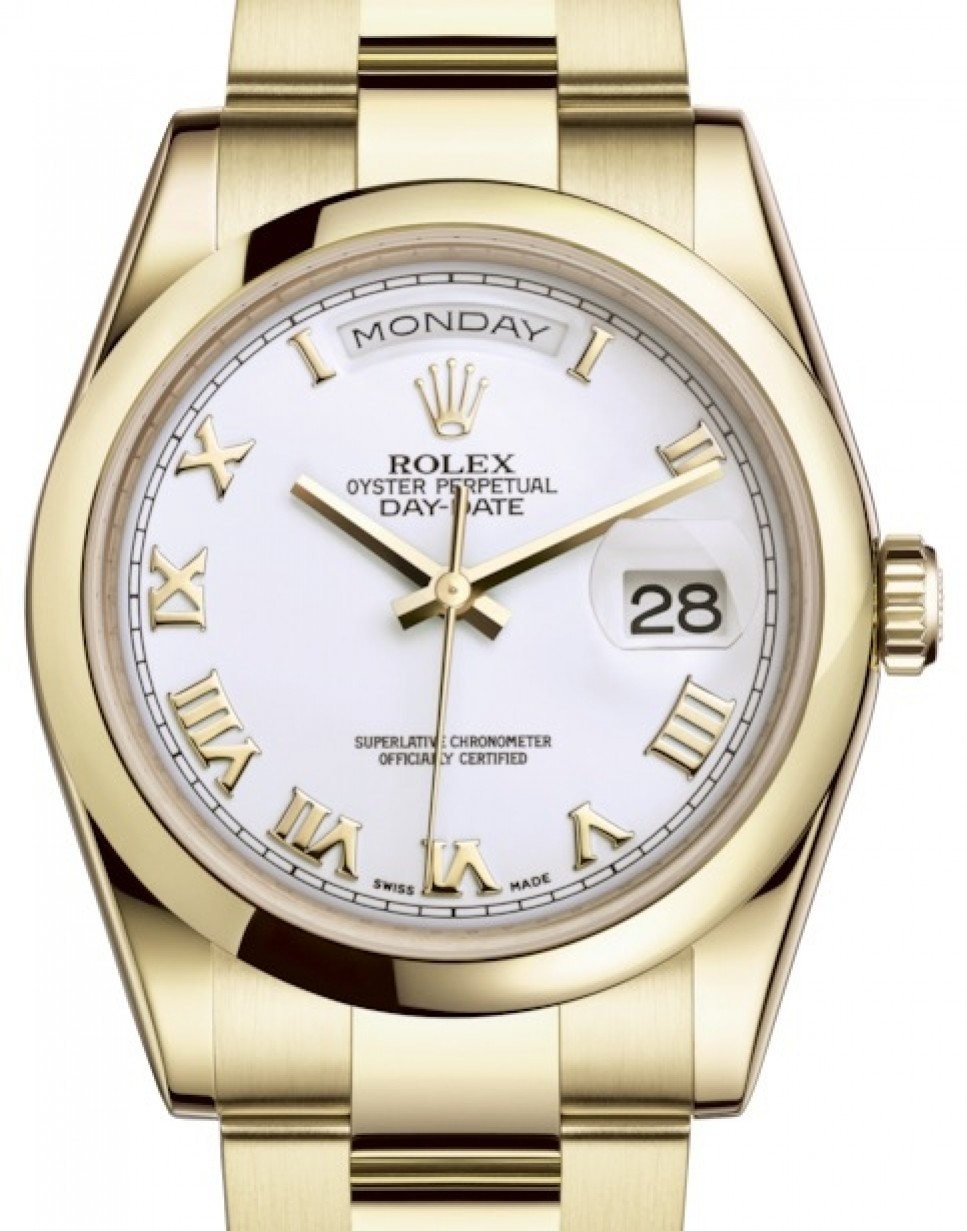 Rolex Day-Date 36 Yellow Gold White Dial & Smooth Domed Bezel Bracelet 118208 - BRAND NEW