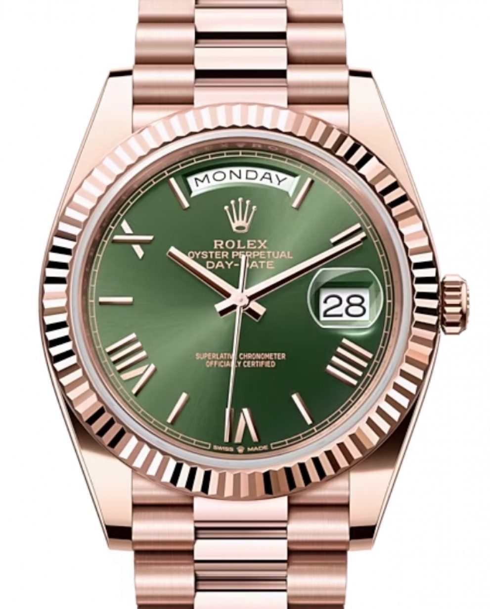 Rolex Day-Date 40 228235 Olive Green Roman Rose Gold President - BRAND NEW