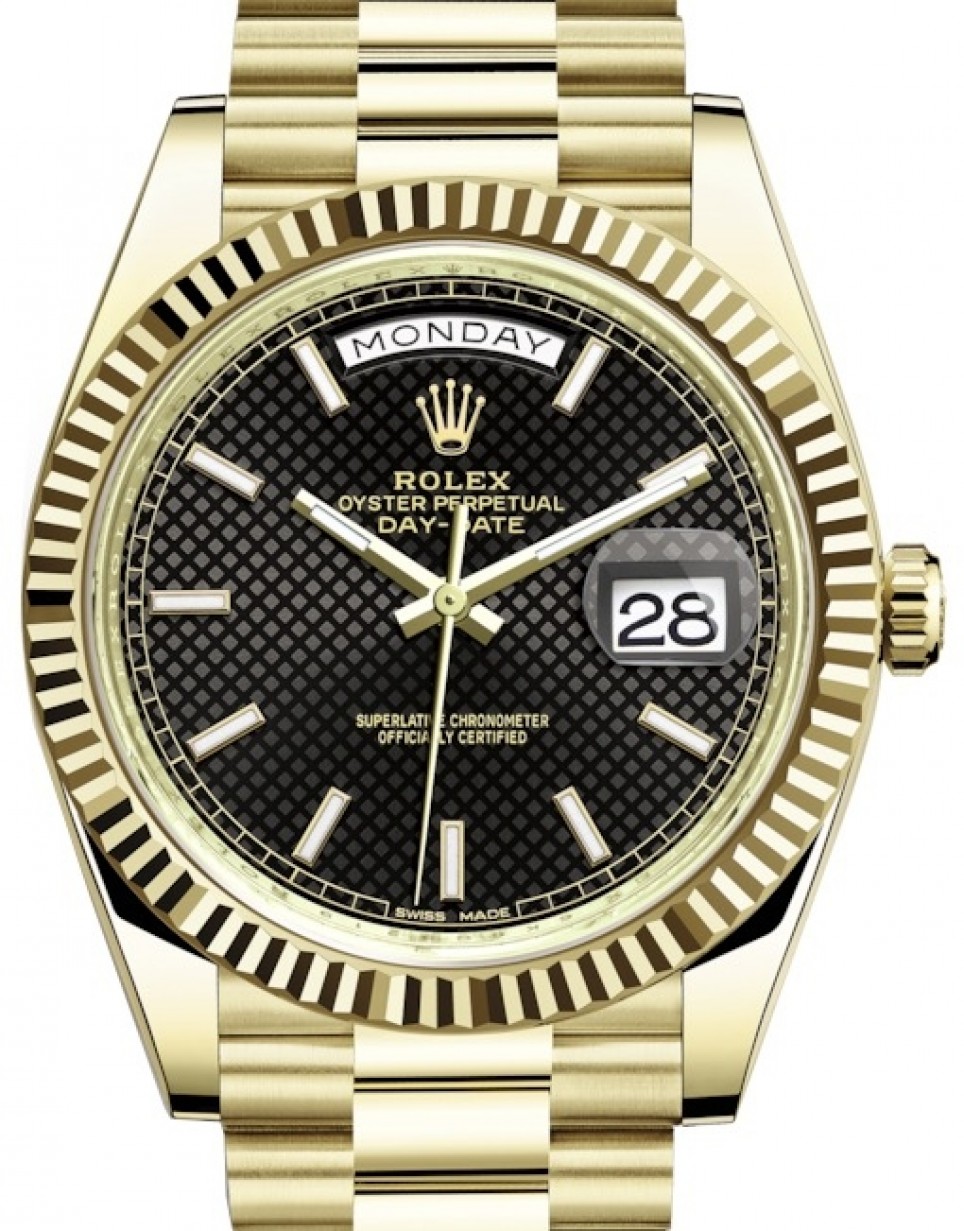 Rolex Day-Date 40 228238-BLKSP Black Diagonal Motif Index Fluted Yellow Gold  President - BRAND NEW