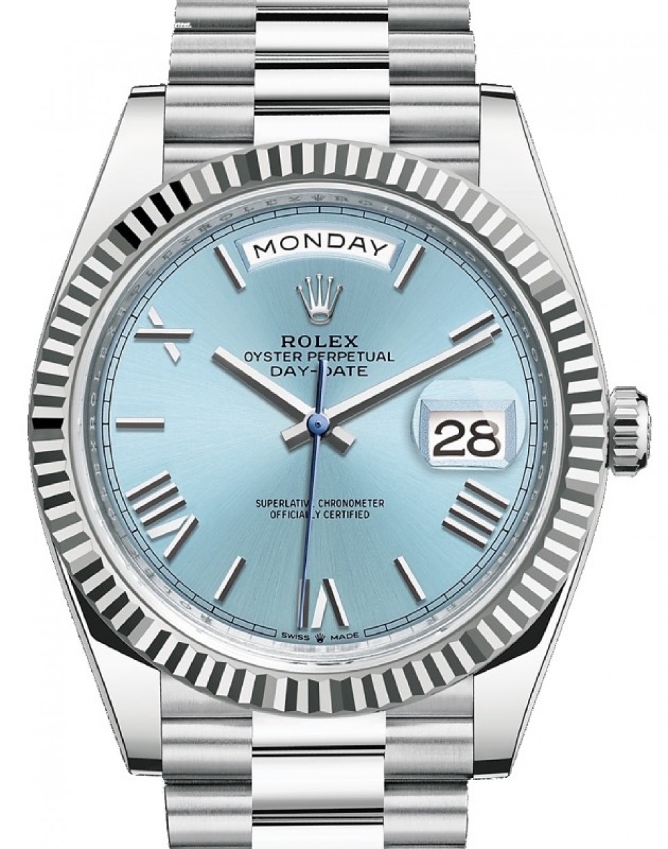 Rolex Day-Date 40 Platinum Ice Blue Roman Dial & Fluted Bezel President  Bracelet 228236 - BRAND NEW