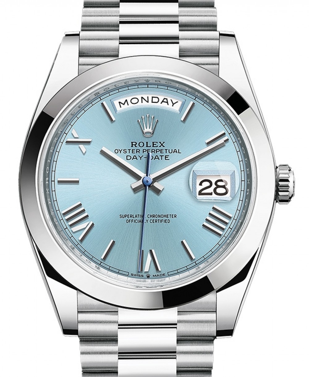 Rolex Day-Date 40 Platinum Ice Blue Roman Dial & Smooth Bezel President  Bracelet 228206 - BRAND NEW