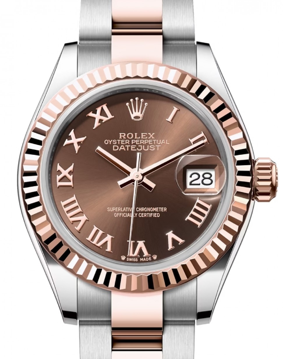 Rolex Datejust 28 279171 Chocolate Roman Fluted Bezel Rose Gold & Stainless  Steel Oyster - BRAND NEW