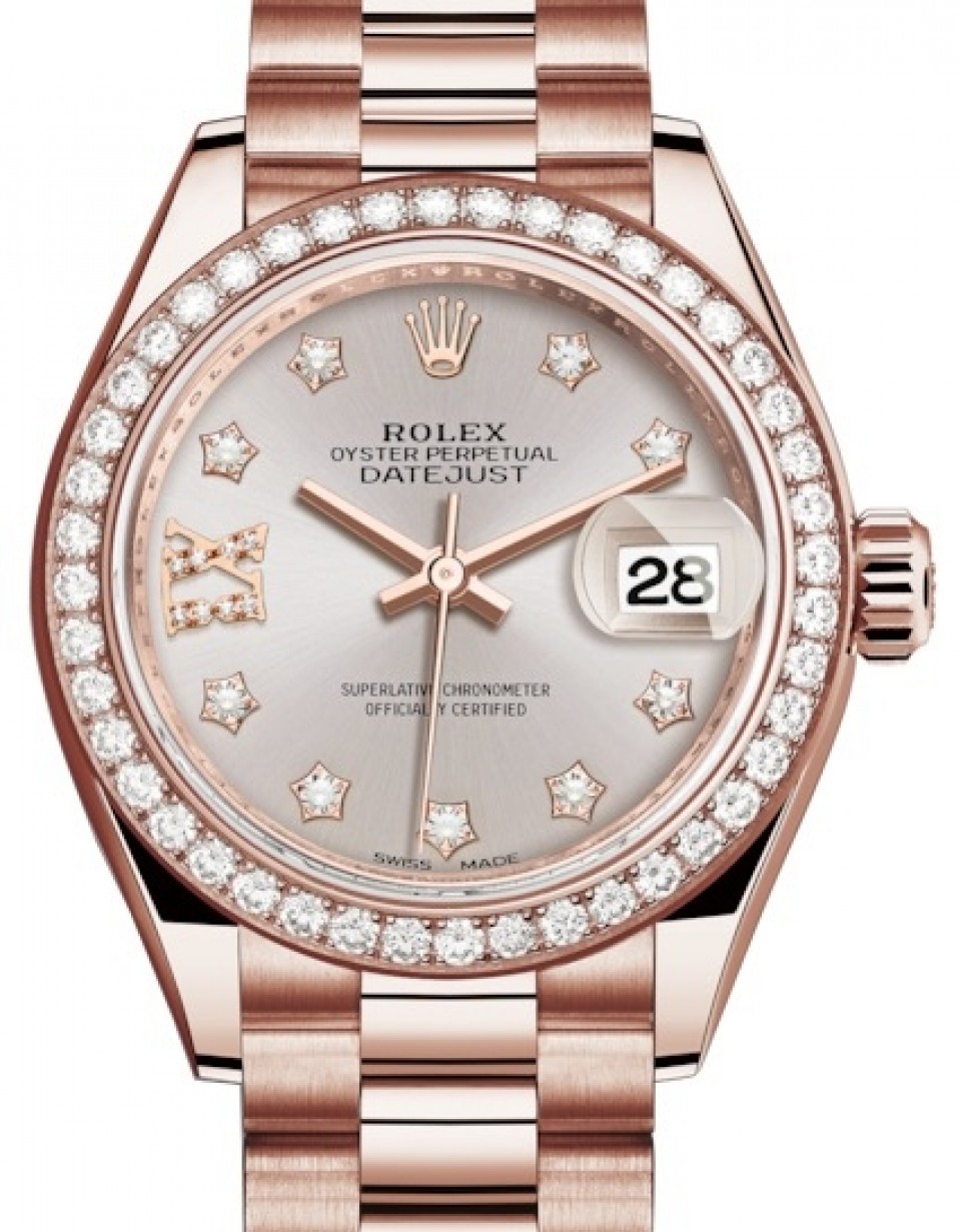 Rolex Lady Datejust 28 Rose Gold Sundust Diamond IX Dial & Diamond Bezel  President Bracelet 279135RBR - BRAND NEW