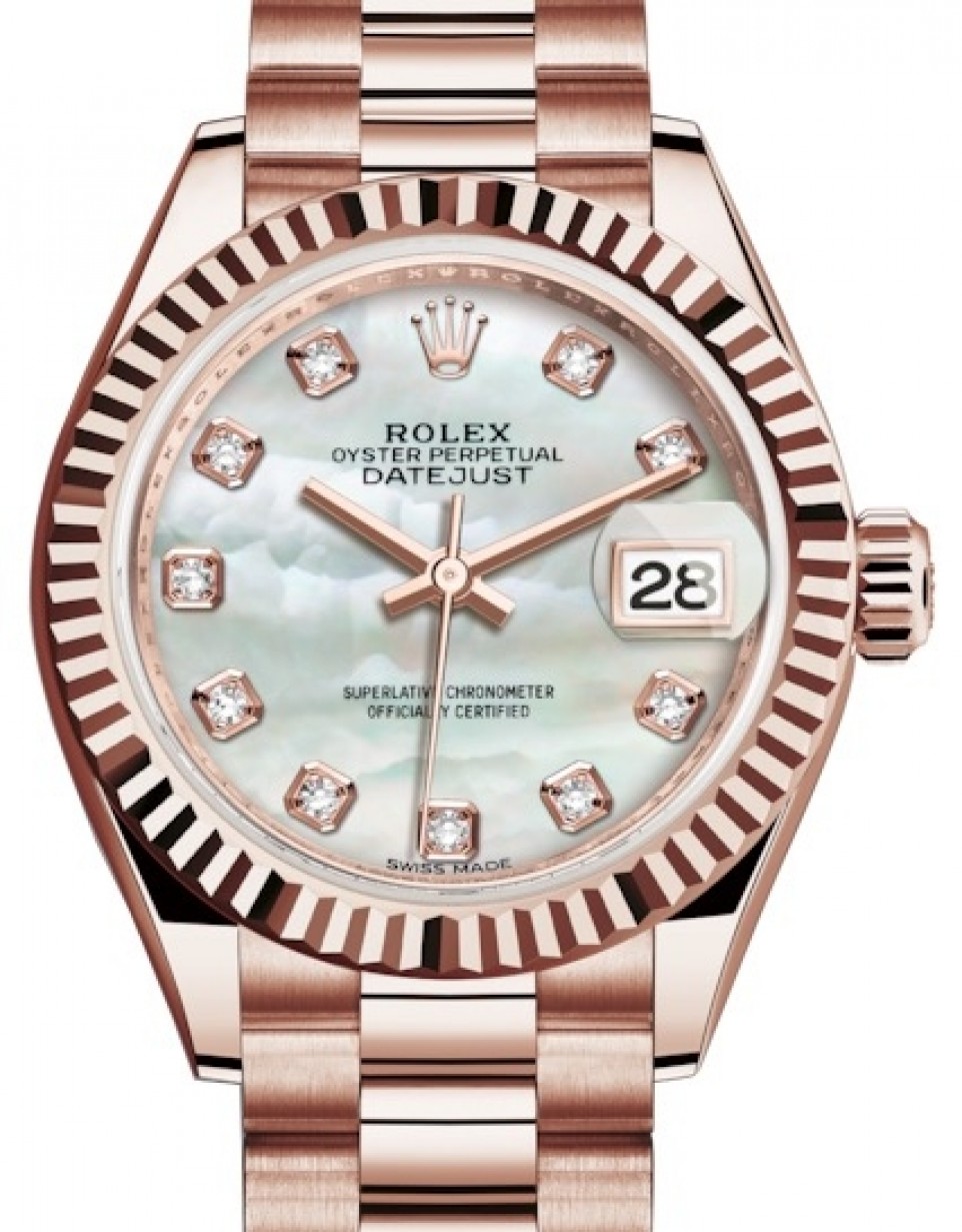 Rolex Datejust 28 279175 White Mother of Pearl Diamond Fluted Bezel Rose  Gold President - BRAND NEW