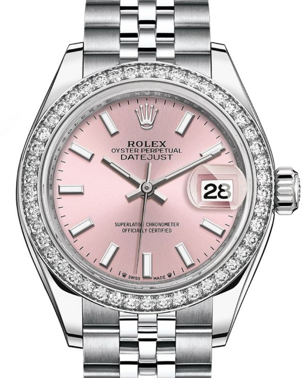 Rolex Lady-Datejust 28 279384RBR Pink Index Diamond Bezel Stainless Steel  Jubilee 28mm Automatic - BRAND NEW