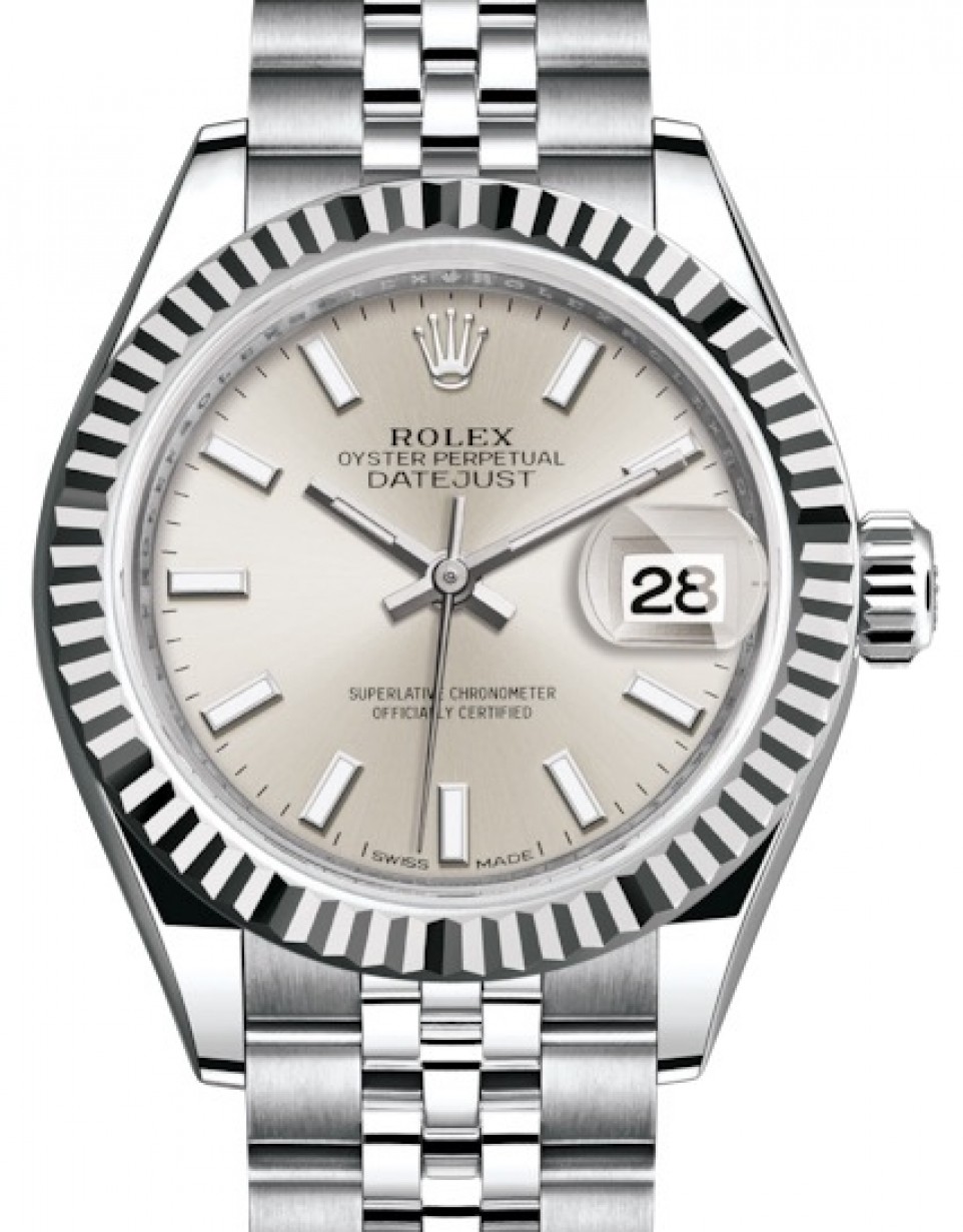 Rolex Lady-Datejust 28 279174 Silver Index Fluted White Gold Stainless  Steel Jubilee 28mm Automatic - BRAND NEW